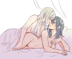 Rule 34 | 2girls, arm support, bed sheet, blue hair, breasts, byleth (female) (fire emblem), byleth (fire emblem), cleavage, convenient censoring, edelgard von hresvelg, fire emblem, fire emblem: three houses, grey eyes, large breasts, long hair, medium hair, multiple girls, navel, nintendo, nude, on bed, pillow, purple eyes, riromomo, sweat, white hair, yuri