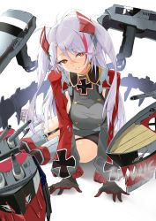 Rule 34 | 1girl, absurdres, azur lane, black garter straps, black gloves, breasts, buttons, double-breasted, garter straps, gloves, grey hair, grey jacket, headgear, highres, jacket, long hair, looking at viewer, medium breasts, mole, mole on breast, multicolored clothes, multicolored hair, multicolored jacket, nukege ojisan, prinz eugen (azur lane), red gloves, red hair, red jacket, rigging, sideboob, simple background, solo, streaked hair, thighhighs, two-tone gloves, two-tone hair, two-tone jacket, white background