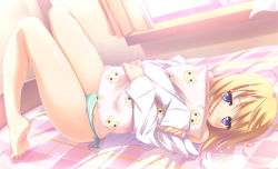Rule 34 | 10s, 1girl, barefoot, bed, blonde hair, blush, charlotte dunois, feet, hitoguchi (hioxhio), hugging object, indoors, infinite stratos, long legs, lying, on bed, panties, pillow, pillow hug, purple eyes, shirt, solo, striped clothes, striped panties, underwear, white shirt, window