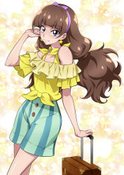 Rule 34 | 1girl, adjusting hair, amanogawa kirara, arm support, bare shoulders, blouse, brown hair, closed mouth, commentary request, cowboy shot, earrings, frilled shirt, frills, go! princess precure, green shorts, hairband, holding, jewelry, long hair, looking at viewer, nakahira guy, precure, purple eyes, purple hairband, shirt, short sleeves, shorts, smile, solo, standing, star (symbol), star earrings, striped clothes, striped shorts, suitcase, travel, twintails, vertical-striped clothes, vertical-striped shorts, yellow shirt