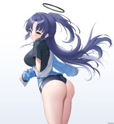 Rule 34 | 1girl, ass, bare legs, black shirt, blue archive, blue buruma, blue jacket, blush, breasts, buruma, collarbone, commentary request, double vertical stripe, elsynien, gradient background, gym shirt, gym uniform, halo, highres, holding, jacket, large breasts, long hair, looking at viewer, name tag, ponytail, purple hair, shirt, short sleeves, simple background, solo, star sticker, sticker on face, thighs, toes, yuuka (blue archive), yuuka (track) (blue archive)