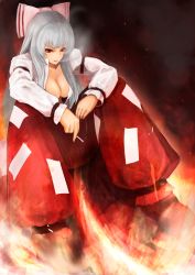 Rule 34 | 1girl, arm strap, bad id, bad pixiv id, bow, breasts, cigarette, cleavage, female focus, fire, fujiwara no mokou, grey hair, hair bow, highres, large breasts, long hair, night, no bra, open clothes, open shirt, outdoors, pants, parted lips, red eyes, shirt, sitting, smoking, solo, straight hair, touhou, very long hair, yaoya musuko