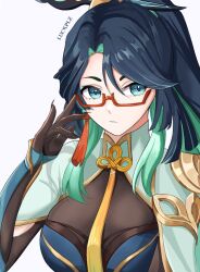 Rule 34 | 1girl, aqua eyes, black hair, bodystocking, breasts, cloud retainer (genshin impact), colored inner hair, commentary, earrings, genshin impact, glasses, gloves, green hair, hair ornament, jewelry, large breasts, long hair, looking at viewer, luckplz, multicolored hair, red-framed eyewear, semi-rimless eyewear, solo, tassel, tassel earrings, two-tone hair, upper body, very long hair, xianyun (genshin impact)