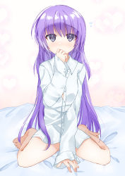 Rule 34 | 1girl, absurdres, angel beats!, bad anatomy, bad feet, bare legs, barefoot, bed, blush, closed mouth, feet, hair between eyes, hand to own mouth, hands on own face, heart, highres, irie miyuki, key (company), kneeling, long hair, long sleeves, looking at viewer, purple eyes, purple hair, shirt, simple background, sitting, sleeves past wrists, solo, zuzuhashi