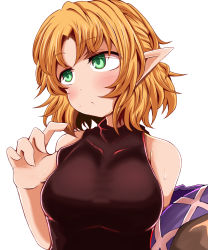 Rule 34 | 1girl, black shirt, blonde hair, blush, breasts, brown jacket, clip studio paint (medium), closed mouth, commentary request, green eyes, half updo, highres, jacket, looking to the side, medium breasts, mizuhashi parsee, multicolored clothes, multicolored jacket, pointy ears, removing jacket, shirt, short hair, simple background, sleeveless, sleeveless shirt, solo, touhou, upper body, white background, yasui nori