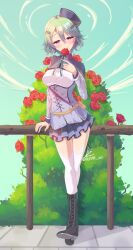 Rule 34 | 1girl, against fence, artist name, black footwear, blue hat, blue sky, blush, boots, closed mouth, commentary request, cross-laced footwear, eiyuu densetsu, fence, flower, full body, green hair, hair between eyes, hat, highres, holding, holding flower, looking at viewer, musse egret, outdoors, pleated skirt, purple eyes, red flower, red rose, revvie, rose, sen no kiseki, sen no kiseki iii, short hair, skirt, sky, smile, solo, standing, tree, twitter username, wooden fence