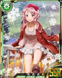 Rule 34 | 10s, 1girl, bow, breasts, card (medium), cleavage, collarbone, hair bow, jewelry, leaning forward, lisbeth (sao), looking at viewer, medium breasts, necklace, pink hair, red bow, short hair, skirt, snow, snowflakes, solo, star (symbol), sword art online, white skirt