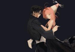 Rule 34 | 1boy, 1girl, bandaged head, bandages, bare shoulders, belt, black background, black dress, black gloves, black hair, black jacket, black pants, blood, blood on back, blood on body, blood on face, book, breasts, chrollo lucilfer, cone hair bun, cowboy shot, dress, earrings, from side, gloves, hair bun, hair intakes, hair ornament, hand on another&#039;s shoulder, highres, holding, holding pen, hunter x hunter, jacket, jewelry, kkknoume, long hair, long sleeves, looking at viewer, looking to the side, medium breasts, neon nostrade, outstretched arm, pants, pen, pink hair, pointy hair, profile, shirt, short hair, sidelocks, simple background, stab, strapless, strapless dress, updo, white shirt
