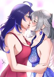 Rule 34 | 2girls, absurdres, ahoge, bare shoulders, blue dress, blush, breast press, breasts, bronya rand, dress, drill hair, earrings, floral print, grey eyes, hair between eyes, halter dress, halterneck, hand on another&#039;s cheek, hand on another&#039;s face, highres, holding another&#039;s arm, honkai: star rail, honkai (series), jewelry, kiss, large breasts, looking at another, multiple girls, open mouth, purple eyes, purple hair, red draws5, red dress, saliva, saliva trail, seele (honkai: star rail), sidelocks, signature, simple background, upper body, yuri