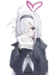 Rule 34 | 1girl, arsyky14, averting eyes, black coat, black hairband, black serafuku, blue archive, blush, closed mouth, coat, commentary, english commentary, grey eyes, hair over one eye, hairband, halo, heart, heart halo, highres, holding, holding sign, long hair, milestone celebration, neckerchief, one eye covered, open clothes, open coat, plana (blue archive), red pupils, school uniform, serafuku, sign, simple background, sleeves past wrists, smile, solo, upper body, white background, white hair, white neckerchief, wide sleeves