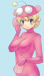 Rule 34 | 10s, 1girl, anglerfish costume, blonde hair, blue background, blue eyes, bodysuit, braid, breasts, cleavage, closed mouth, commentary, darjeeling (girls und panzer), fish costume, girls und panzer, hat, impossible bodysuit, impossible clothes, looking at viewer, medium breasts, pink bodysuit, pink hat, short hair, simple background, smile, solo, standing, twin braids, uona telepin, upper body