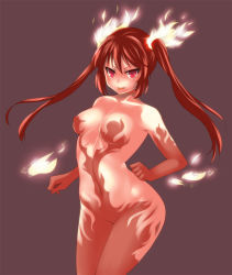 Rule 34 | 1girl, bodysuit, breasts, cthugha (nyaruko-san), elbow gloves, fang, fire, fire, gloves, haiyore! nyaruko-san, hevn, looking at viewer, medium breasts, navel, red eyes, red gloves, red hair, revealing clothes, smile, solo, tongue, tongue out, twintails