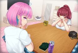 Rule 34 | 2girls, ahoge, blue hair, blue nails, blunt bangs, blush, breasts, cat, cleavage, commentary, cup, efreezerarts, english commentary, eyelashes, foreshortening, head rest, heterochromia, highres, hololive, houshou marine, indoors, jewelry, kotatsu, large breasts, long hair, looking back, medium hair, minato aqua, mirror, multicolored hair, multiple girls, nail polish, necklace, off shoulder, pink eyes, pink hair, ponytail, red hair, rug, shirt, sitting, smug, streaked hair, t-shirt, table, television, upper body, virtual youtuber, white shirt