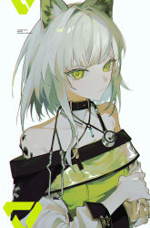 Rule 34 | 1girl, animal collar, animal ear fluff, animal ears, arknights, bare shoulders, cat ears, cat girl, collar, commentary, crossed arms, detached collar, dress, glaring, green dress, green eyes, highres, jewelry, kal&#039;tsit (arknights), looking at viewer, material growth, nanashi 74, necklace, off-shoulder dress, off shoulder, oripathy lesion (arknights), short hair, sidelocks, simple background, solo, stethoscope, upper body, white background, white hair