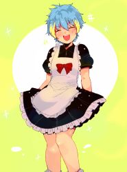 Rule 34 | 1girl, :d, absurdres, apron, benzbt, black skirt, blonde hair, blue hair, bow, facing viewer, hair between eyes, highres, laflora, maid apron, multicolored hair, open mouth, red bow, short hair, short sleeves, simple background, skirt, smile, solo, standing, two-tone hair