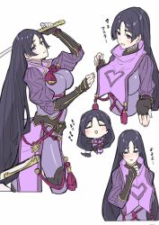 Rule 34 | 1girl, absurdly long hair, bad id, bad twitter id, blush, bodysuit, breasts, chibi, fate/grand order, fate (series), fingerless gloves, gloves, highres, huge breasts, katana, large breasts, long hair, looking at viewer, minamoto no raikou (fate), multiple views, nari, open mouth, purple eyes, purple hair, simple background, smile, sword, tears, teshima nari, very long hair, weapon