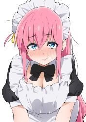 Rule 34 | 1girl, artist request, black bow, blush, bocchi the rock!, bow, breasts, cleavage, cowboy shot, cube hair ornament, embarrassed, facing viewer, female focus, gotoh hitori, hair between eyes, hair ornament, highres, lips, looking at viewer, maid, maid headdress, pink hair, simple background, solo, sweatdrop, upper body, white background