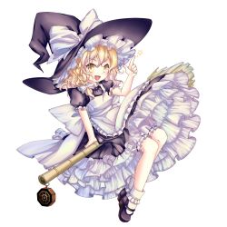 Rule 34 | 1girl, apron, blonde hair, bloomers, bobby socks, bow, braid, broom, broom riding, enone, female focus, frills, full body, gathers, hair bow, hat, highres, kirisame marisa, large bow, mary janes, mini-hakkero, open mouth, pointing, shoes, short hair, side braid, smile, socks, solo, star (symbol), touhou, transparent background, underwear, white socks, witch, witch hat, yellow eyes