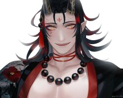 Rule 34 | 1boy, bare pectorals, bead necklace, beads, black hair, commentary, facial mark, fangs, forehead mark, horns, jewelry, male focus, medium hair, multicolored hair, necklace, nijisanji, nijisanji en, oni horns, open mouth, pectorals, pointy ears, portrait, prayer beads, red hair, smile, solo, streaked hair, virtual youtuber, vox akuma, yellow eyes, yui930