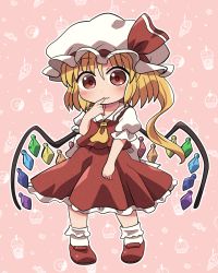 Rule 34 | 1girl, ascot, blonde hair, candy, closed mouth, crystal, doughnut, finger to mouth, flandre day, flandre scarlet, food, food-themed background, full body, hat, hat ribbon, highres, ice cream cone, looking at viewer, milkshake, mob cap, one side up, pink background, rainbow order, red eyes, red footwear, red ribbon, red skirt, red vest, ribbon, rokugou daisuke, shirt, skirt, smile, standing, touhou, vest, white hat, white legwear, white shirt, wings, yellow ascot