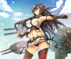 Rule 34 | 10s, 1girl, bare shoulders, black gloves, black hair, black panties, breasts, elbow gloves, fingerless gloves, gloves, hair ornament, highres, kadokawa games, kantai collection, large breasts, long hair, lowleg, lowleg panties, md5 mismatch, midriff, miniskirt, nagato (kancolle), navel, panties, pantyshot, parted lips, personification, red eyes, resolution mismatch, revision, skirt, solo, source smaller, taishi (picchiridou), thighhighs, underwear, upskirt