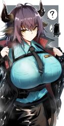 Rule 34 | !, ..., 1girl, ?, animal ears, aqua shirt, arknights, black necktie, black skirt, border, breast pocket, breasts, brown hair, chest harness, closed mouth, cow ears, cow horns, doctor (arknights), expressionless, gin moku, harness, highres, horns, huge breasts, jacket, looking at viewer, necktie, open clothes, open jacket, outside border, pocket, shirt, short hair, sideroca (arknights), simple background, skirt, solo, speech bubble, spoken ellipsis, spoken exclamation mark, spoken question mark, sweatdrop, tsurime, upper body, white border, yellow eyes