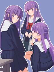 Rule 34 | 1girl, blue background, blunt bangs, blush, bow, bowtie, fern (sousou no frieren), half updo, hand on own chin, highres, long hair, long sleeves, looking at viewer, looking back, multiple views, open mouth, pleated skirt, purple eyes, school uniform, serafuku, sitting, skirt, smile, sousou no frieren, spell phd, very long hair