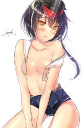 Rule 34 | 10s, 1girl, areola slip, asymmetrical hair, bad id, bad pixiv id, bare arms, bare legs, bare shoulders, black hair, censored, hat, headphones, highres, i-13 (kancolle), kantai collection, sailor collar, school swimsuit, short hair, signature, simple background, solo, swimsuit, torn clothes, white background, yellow eyes, yuu zaki
