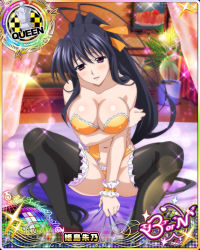 Rule 34 | 10s, 1girl, black hair, black thighhighs, blush, breasts, card (medium), character name, chess piece, cleavage, corset, covered erect nipples, hair ribbon, high school dxd, high school dxd born, himejima akeno, large breasts, lingerie, long hair, navel, official art, open mouth, parted lips, ponytail, purple eyes, queen (chess), ribbon, seductive smile, sitting, smile, solo, thighhighs, trading card, underwear, very long hair