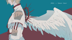 Rule 34 | 1boy, 2021, angel wings, archangel (baroque), baroque (series), blonde hair, blue background, capelet, english text, from side, head out of frame, high collar, large wings, long sleeves, male focus, parted lips, red background, robe, shoulder pads, solo, tarutan, two-tone background, upper body, white capelet, white robe, wings