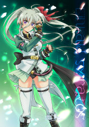 Rule 34 | 1girl, artist name, black gloves, blush, braid, breasts, character name, dated, einhard stratos, fingerless gloves, gloves, green hair, hair ornament, hair ribbon, heterochromia, highres, large breasts, long hair, looking at viewer, lyrical nanoha, magical girl, mahou shoujo lyrical nanoha vivid, open mouth, ribbon, san-pon, solo, thighhighs, white thighhighs