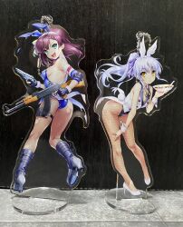 Rule 34 | 2girls, :d, acrylic stand, alternate costume, alternate hairstyle, angel, angel beats!, animal ear hairband, animal ears, aqua eyes, ass, backboob, bare shoulders, black footwear, black gloves, black leotard, blue leotard, boots, bow, braid, breasts, commentary request, curvy, detached collar, fake animal ears, fake tail, fake wings, fingerless gloves, fishnet pantyhose, fishnets, floating hair, food, from behind, full body, gloves, green bow, gun, hair bow, hairband, hand on own thigh, handgun, high heels, highleg, highleg leotard, highres, holding, holding gun, holding plate, holding weapon, leaning forward, leotard, long hair, looking at viewer, looking back, mapo tofu, medium breasts, medium hair, multiple girls, nakamura yuri, neck ribbon, nontraditional playboy bunny, open mouth, pantyhose, parted lips, photo (medium), plate, playboy bunny, ponytail, purple bow, purple hair, rabbit ear hairband, rabbit ears, rabbit tail, ribbon, round teeth, sidelocks, small breasts, smile, standing, strapless, strapless leotard, tachibana kanade, tail, teeth, thighs, torn clothes, torn pantyhose, upper teeth only, weapon, white footwear, white hair, white hairband, white wrist cuffs, wings, wrist cuffs, yellow eyes, yellow ribbon, zen (kamuro)