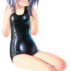 Rule 34 | 1girl, black one-piece swimsuit, blue eyes, blue hair, head out of frame, highres, matching hair/eyes, old school swimsuit, one-piece swimsuit, original, sakuya tsuitachi, school swimsuit, shiny clothes, short hair, sitting, solo, sukumizu tabehoudai, swimsuit, transparent background, wet