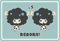 Rule 34 | 00s, blue background, blush, chibi, cow horns, cow tail, english text, horns, katekyo hitman reborn!, lambo, lowres, no humans, sheep horns, surprised, tail, tears