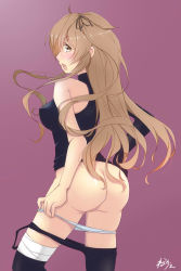 Rule 34 | 1girl, absurdres, ahoge, ass, bandaged leg, bandages, bare shoulders, black pantyhose, blush, breasts, brown eyes, brown hair, from behind, hair flaps, hair ornament, hair ribbon, highres, kantai collection, long hair, looking at viewer, looking back, medium breasts, murasame (kancolle), neve (morris-minicooper), open mouth, panties, panty pull, pantyhose, partial bodysuit, purple background, ribbon, signature, simple background, single leg pantyhose, single thighhigh, solo, thighhighs, thighs, twintails, two side up, underwear, white panties