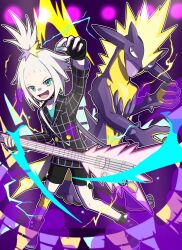 Rule 34 | 1girl, black footwear, blue eyes, boots, choker, creatures (company), electricity, fingerless gloves, full body, game freak, gen 8 pokemon, gloves, grey hair, guitar, highres, holding, holding guitar, holding instrument, holding plectrum, instrument, looking at viewer, nasubi shirasu, nintendo, official alternate costume, open mouth, platform boots, platform footwear, plectrum, pokemon, pokemon (creature), pokemon masters ex, purple background, roxie (pokemon), roxie (sygna suit) (pokemon), single thighhigh, smile, standing, star (symbol), thighhighs, tongue, tongue out, topknot, toxtricity, toxtricity (amped), v-shaped eyebrows