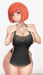 Rule 34 | 1girl, alternate breast size, apron, bare arms, bare shoulders, black apron, bob cut, breasts, cleavage, commentary, cowboy shot, grey background, grey eyes, hands on own chest, highres, hioyami, large breasts, looking at viewer, mother (yoru mac), mother (yoru mac), naked apron, orange hair, panties, pink lips, short hair, side-tie panties, simple background, smile, solo, standing, thick thighs, thighs, underwear, wcdonald&#039;s, yoru mac