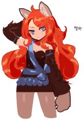 Rule 34 | 1girl, ahoge, animal ears, bare shoulders, blue eyes, cat ears, cat girl, cat paw, detached sleeves, dungeon and fighter, elda (dungeon and fighter), firstw1, highres, long hair, orange hair, simple background, solo, thighhighs, upper body, white background