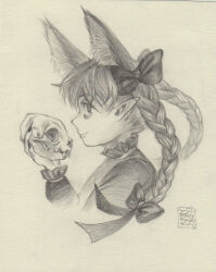 Rule 34 | 1girl, animal ear fluff, animal ears, bow, braid, cat ears, closed mouth, commentary request, cropped torso, extra ears, frills, from side, graphite (medium), hair between eyes, hair bow, hair ribbon, hand up, highres, holding, holding skull, kaenbyou rin, light smile, long hair, long sleeves, looking to the side, pointy ears, profile, ribbon, skull, solo, touhou, traditional media, tress ribbon, twin braids, upper body, yuuren kyouko