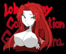 Rule 34 | 1girl, arms under breasts, black background, blue eyes, breasts, character name, closed mouth, colored skin, commentary, crossed arms, gebura (project moon), heterochromia, highres, jacket, large breasts, lobotomy corporation, long hair, looking at viewer, nipples, open clothes, open jacket, project moon, red hair, red jacket, solo, touyakakasi, upper body, white skin, yellow eyes