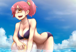 Rule 34 | 1girl, artist name, bad id, bad pixiv id, ball, beachball, bikini, breasts, cyclops, hair bobbles, hair ornament, large breasts, looking at viewer, mametama5, monster girl, ocean, one-eyed, open mouth, original, ponytail, red hair, smile, solo, swimsuit, yellow eyes