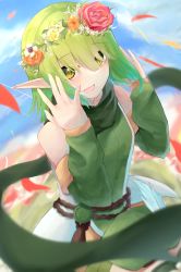 Rule 34 | 1girl, absurdres, amen osora, aoi (princess connect!), blurry, blurry background, blush, elf, falling petals, flower, green eyes, green hair, hair between eyes, hair ornament, highres, looking at viewer, medium hair, open mouth, petals, pointy ears, princess connect!, solo