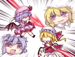 Rule 34 | 2girls, ascot, bat wings, crystal, emphasis lines, fang, fighting, flandre scarlet, frilled shirt collar, frilled skirt, frills, hat, hat ribbon, laevatein (touhou), light purple hair, mob cap, multicolored wings, multiple girls, open mouth, puffy short sleeves, puffy sleeves, red ascot, red ribbon, red skirt, red vest, remilia scarlet, ribbon, shirt, shoes, short hair, short sleeves, siblings, side ponytail, sidelocks, simple background, sisters, skin fang, skirt, slit pupils, smug, socks, spear the gungnir, touhou, unime seaflower, v-shaped eyebrows, vest, white background, white legwear, white shirt, wings, wrist cuffs, yellow ascot