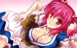 Rule 34 | 1girl, arm support, breasts, cleavage, collarbone, gradient background, hair bobbles, hair ornament, hand on own hip, large breasts, looking at viewer, lying, onozuka komachi, pink background, pink eyes, pink hair, puffy short sleeves, puffy sleeves, short sleeves, sketch, smile, solo, touhou, two side up, yamu (reverse noise)