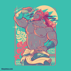 Rule 34 | 1boy, abs, aqua nails, bara, beard, belly, biceps, blue dress, bottle, clothes around waist, collaboration, cowboy shot, cropped legs, dress, earrings, facial hair, full beard, ganondorf, highres, huge eyebrows, jacket, jacket around waist, jaimonster, jewelry, large pectorals, looking at viewer, male focus, mature male, merchandise available, muscular, muscular male, navel, necklace, nintendo, nipples, pectorals, plump, pointy ears, profile, red hair, second-party source, seductive smile, smile, solo, standing, stomach, strongman waist, swampkips, sweat, the legend of zelda, thick beard, topknot, topless male, tsurime, very sweaty, water bottle