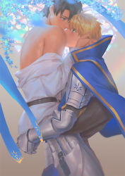 Rule 34 | 2boys, armor, arthur pendragon (fate), belt, black hair, black pants, blonde hair, blue eyes, blue flower, cape, command spell, couple, eye contact, fate/grand order, fate/prototype, fate (series), flower, fujimaru ritsuka (male), gloves, jacket, looking at another, male focus, multiple boys, pants, penguin frontier, short hair, white jacket, yaoi
