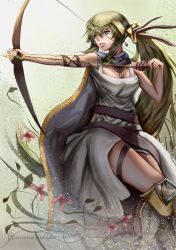 Rule 34 | 1girl, aiming, arrow (projectile), artemis (p&amp;d), artist name, blue eyes, bow (weapon), breasts, cleavage, commentary, deviantart username, drawing bow, dress, english commentary, flower, grey dress, hair between eyes, highres, holding, holding arrow, holding bow (weapon), holding weapon, jewelry, klegsart, long hair, medium breasts, necklace, outstretched arm, ponytail, puzzle &amp; dragons, quiver, red flower, sidelocks, solo, very long hair, weapon