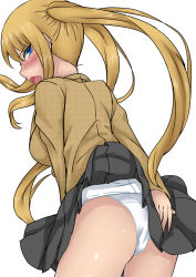 Rule 34 | 1girl, annoyed, ass, blonde hair, blue eyes, blush, breasts, clothes lift, covering privates, female focus, from behind, highres, komusou (jinrikisha), large breasts, long hair, looking back, medium breasts, open mouth, original, panties, school uniform, simple background, skirt, skirt lift, solo, twintails, underwear, upskirt, white background, white panties, wind, wind lift