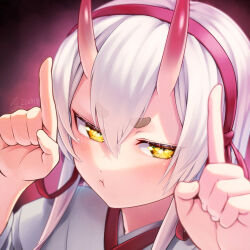 Rule 34 | 1girl, blush, dai tokyo oniyome-den, dated, hands up, harayukisodati, horns, index finger raised, looking at viewer, manaka douji, oni horns, pout, red background, red ribbon, ribbon, solo, upper body, white hair, yellow eyes