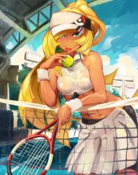 Rule 34 | 1girl, alternate costume, ball, blush, breasts, closed mouth, cloud, collared shirt, commentary, creatures (company), day, earrings, english commentary, eyelashes, floating hair, game freak, green eyes, highres, holding, holding racket, jewelry, khyle., leaning forward, light, long hair, lusamine (pokemon), midriff, multicolored hair, navel, nintendo, outdoors, pleated skirt, poke ball print, pokemon, pokemon sm, racket, shirt, skirt, sky, sleeveless, sleeveless shirt, smile, solo, standing, streaked hair, tennis ball, tennis net, tongue, tongue out, white headwear, white shirt, white skirt, white wristband, wristband
